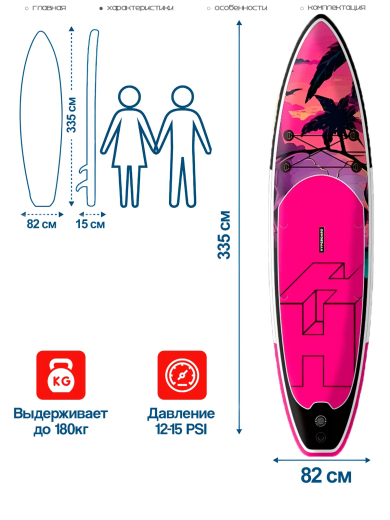 SUP HYPE KAIF BOARD 3,35 м двухслойный с веслом и страховочным лишем / Надувной прогулочный / Сап доска для серфинга 335*83*15 см