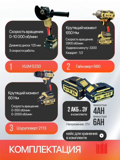 Набор электроинструментов аккумуляторных FENGBAO 3 в 1 , УШМ, гайковерт, шуруповерт, 2 АКБ, в кейсе