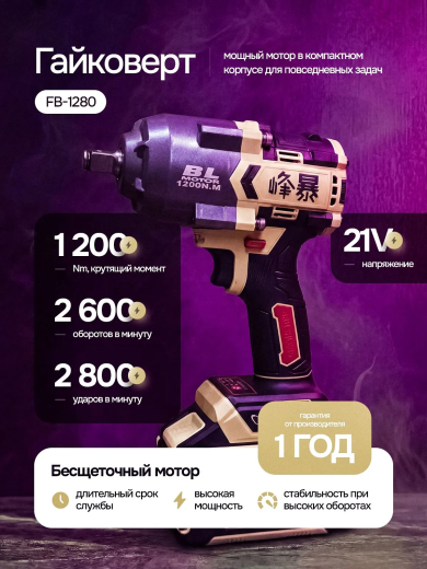 FENGBAO Набор электроинструмента 4 в 1, УШМ, гайковерт, шуруповерт, перфоратор 3 АКБ, в кейсе