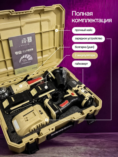 FENGBAO Набор электроинструмента 2 в 1, УШМ, гайковерт, 2 АКБ, в кейсе